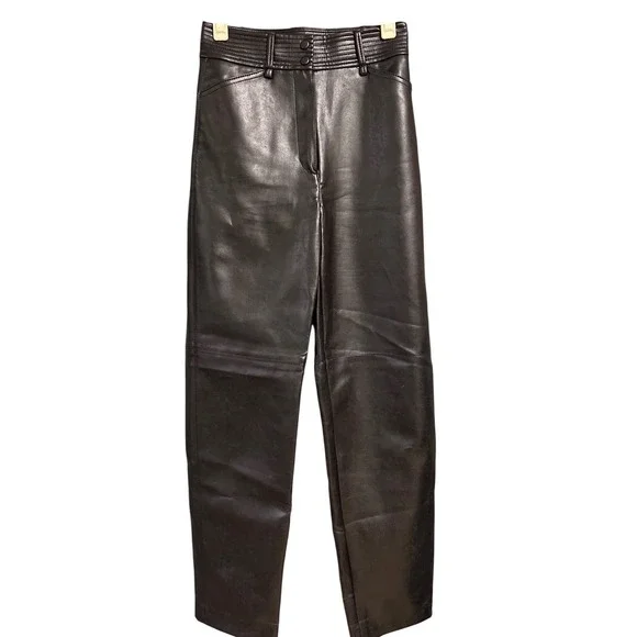 Wilfred Aritzia Black Vegan Leather High Rise Quilted Waist Straight Pants Sz 0 - Picture 2 of 5